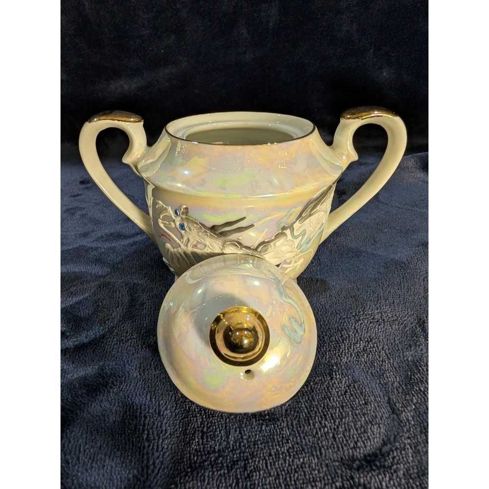 Japanese Iridescent 17pc Tea Set Dragonware Lusterware Moriage Geisha Lithophane - Picture 6 of 16